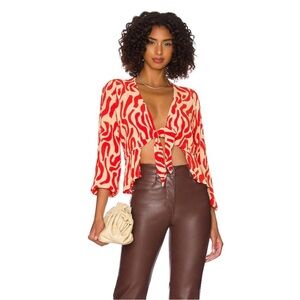 Faithfull the Brand Red and White Bell Sleeve Blouse with Tie Front